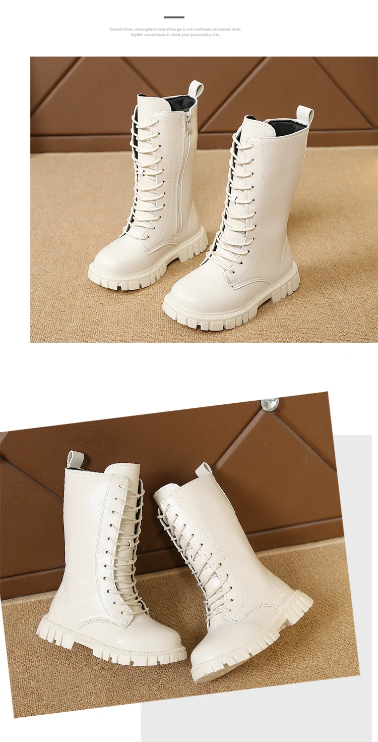Girls White Lace-Up Boots Booties Side Zipper Soft Bottom Leather Dress/School Riding Boot Kids Autumn/Winter Fashion Mid Boots