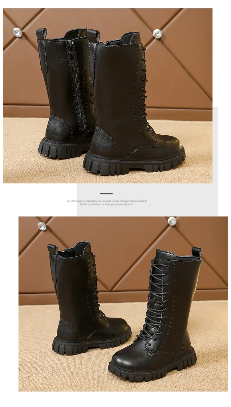 Girls White Lace-Up Boots Booties Side Zipper Soft Bottom Leather Dress/School Riding Boot Kids Autumn/Winter Fashion Mid Boots
