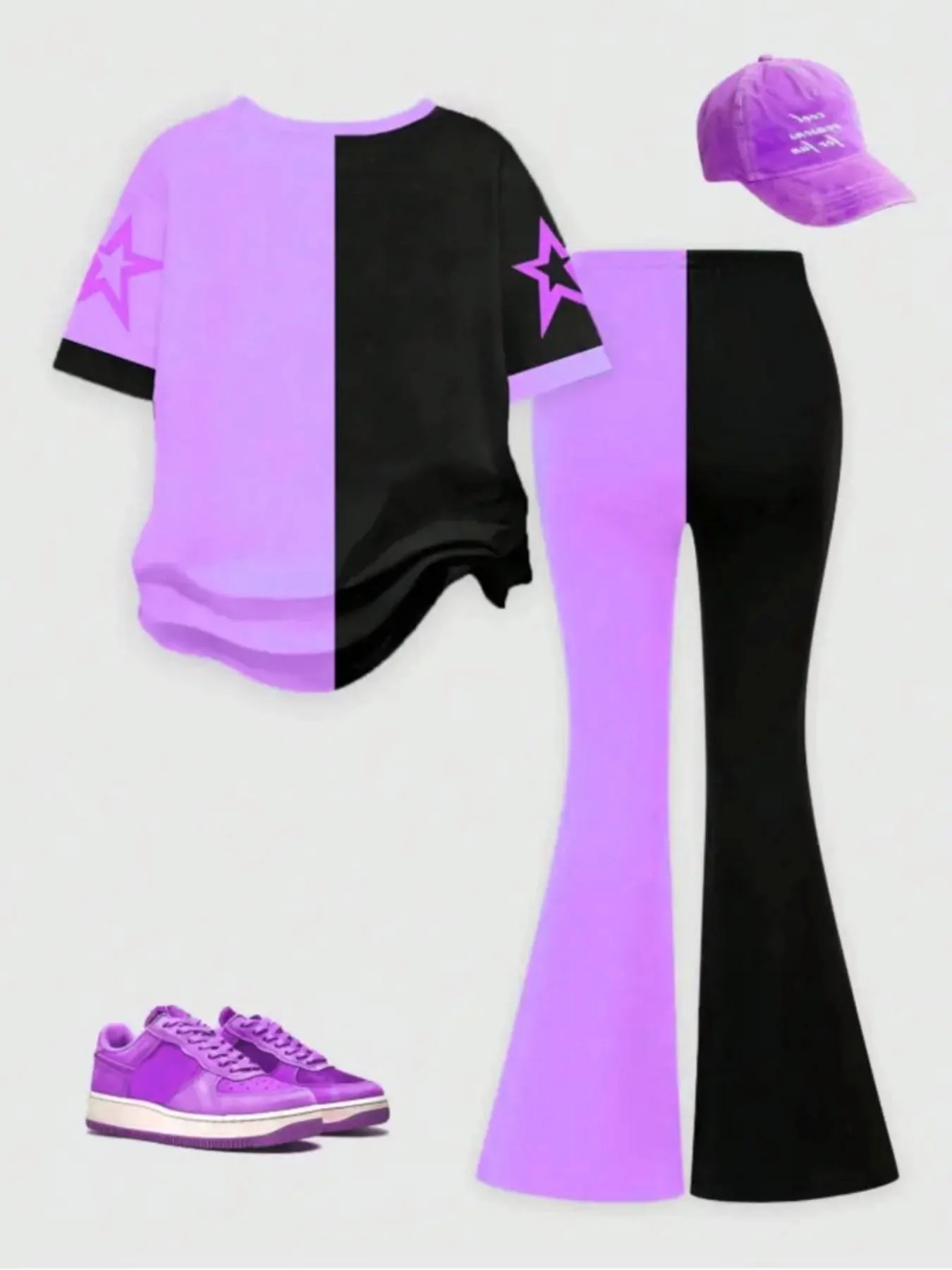 Trendy Girls 2Pcs Y2K Casual Outfit, Split Black Purple Cartoon Graphic Printed T-shirt, Star Decor Striped Flare Trousers for S