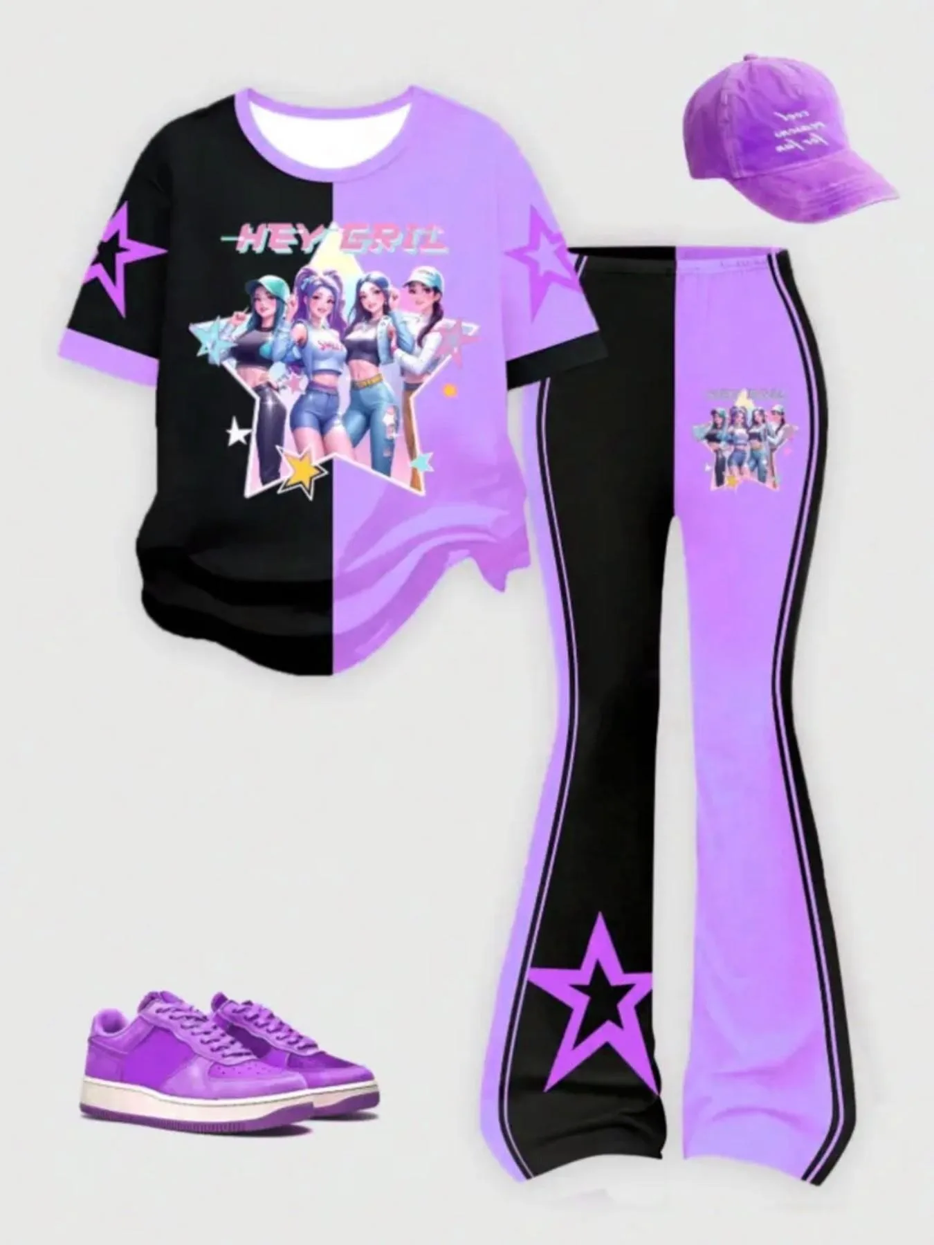 Trendy Girls 2Pcs Y2K Casual Outfit, Split Black Purple Cartoon Graphic Printed T-shirt, Star Decor Striped Flare Trousers for S