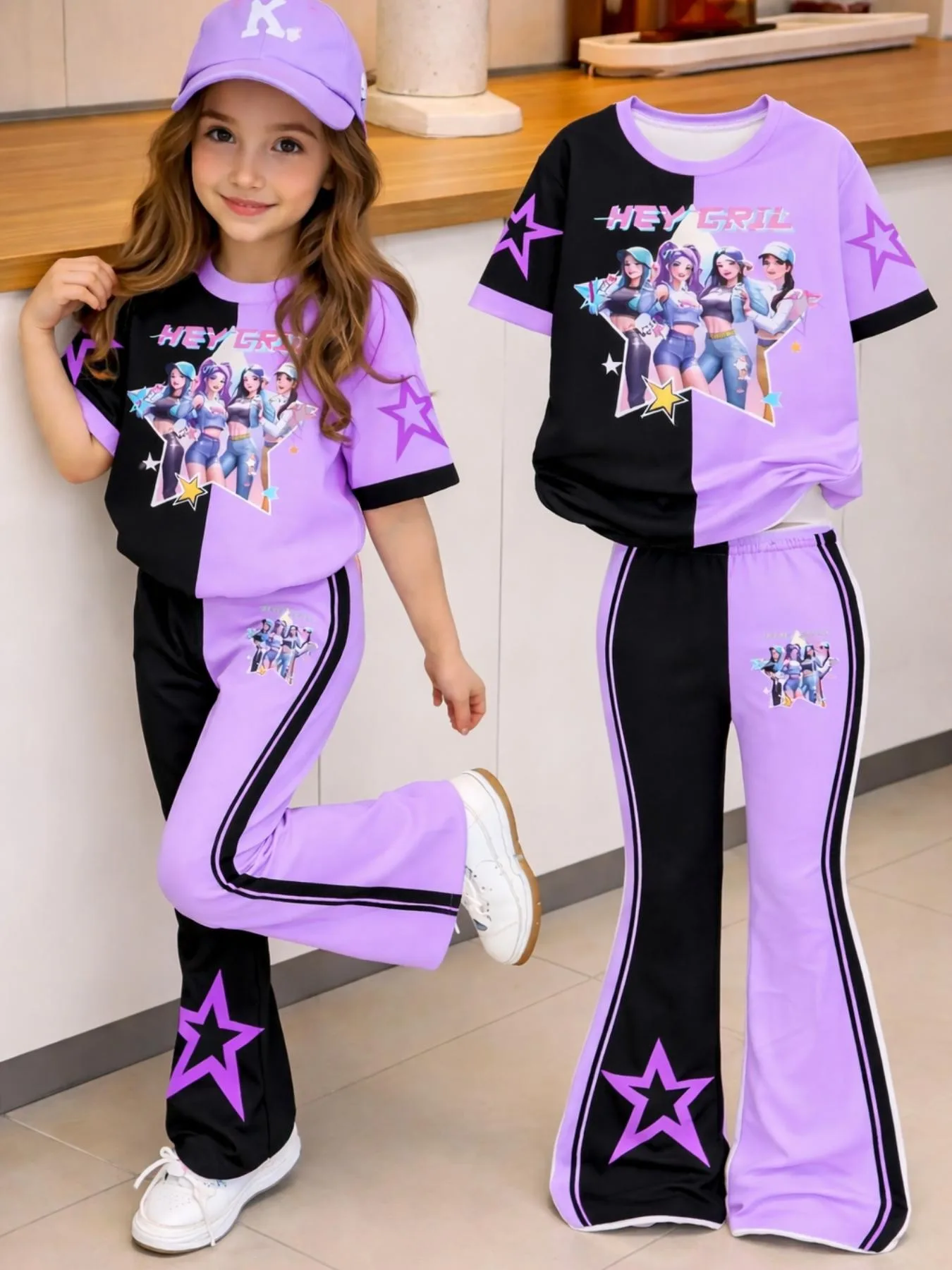 Trendy Girls 2Pcs Y2K Casual Outfit, Split Black Purple Cartoon Graphic Printed T-shirt, Star Decor Striped Flare Trousers for S