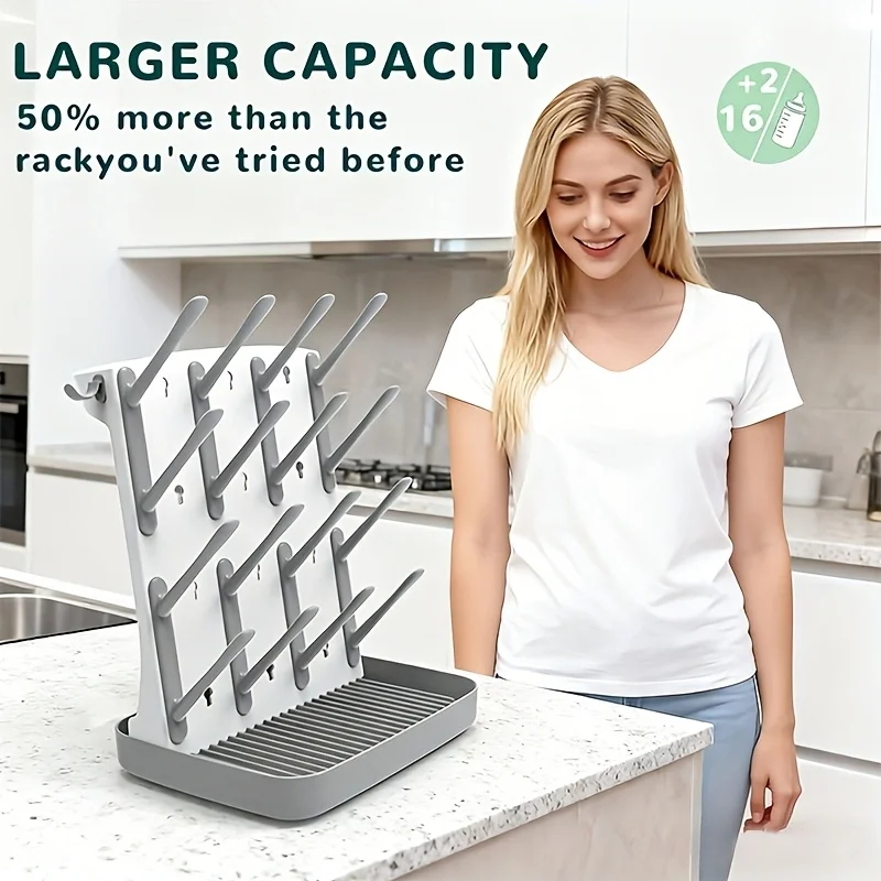 1PC Bottle Drying Rack, Vertical Dryer with 18 Hooks, Space-Saving Kitchen Organizer for Bottles, Brushes & Pump Parts