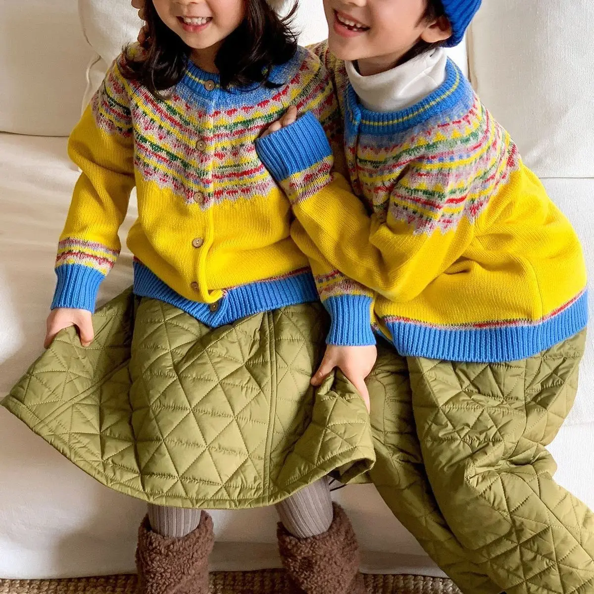 Korean Style Children's Clothing2026New Winter Vintage Fair Isle Jacquard Knit Cardigan for Girls