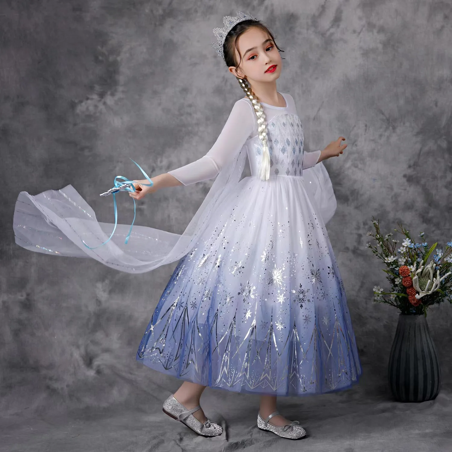 Girls Ice Fantasy Princess Mesh Ball Gown Kids Cosplay Dress for Halloween Carnival Birthday Theme Party Role Play Dress-Up