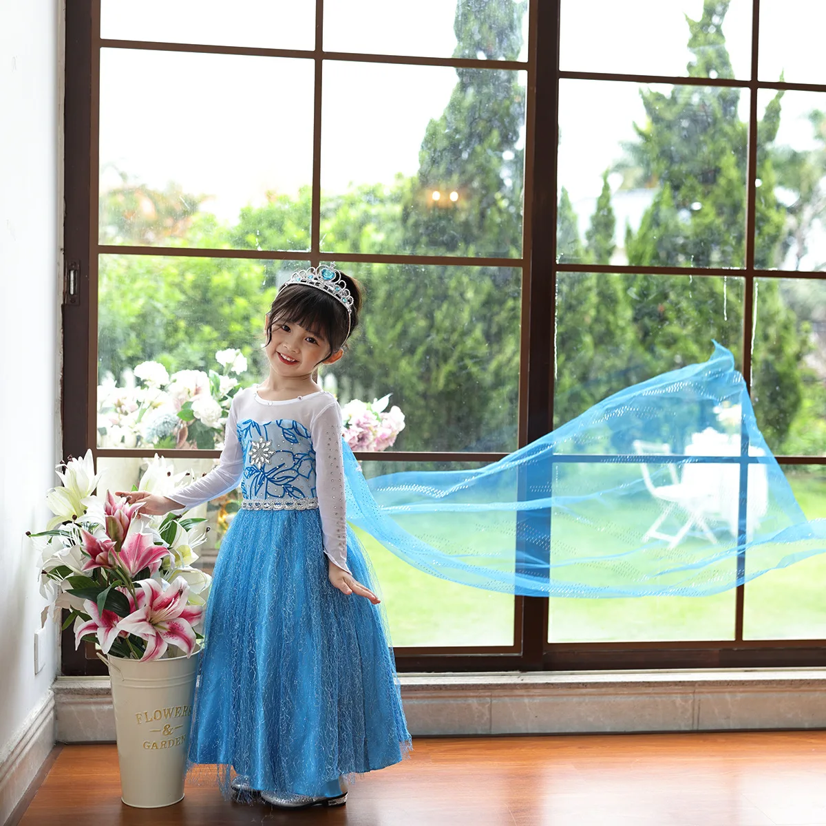 Girls Ice Fantasy Princess Mesh Ball Gown Kids Cosplay Dress for Halloween Carnival Birthday Theme Party Role Play Dress-Up