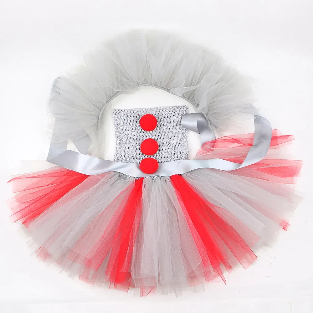 Girls Spooky Clown Tutu Dress Set Silver Mesh Bodice Red Pom‑Pom Decor Tulle Collar Hair Hoops Kids Halloween Cosplay Outfit