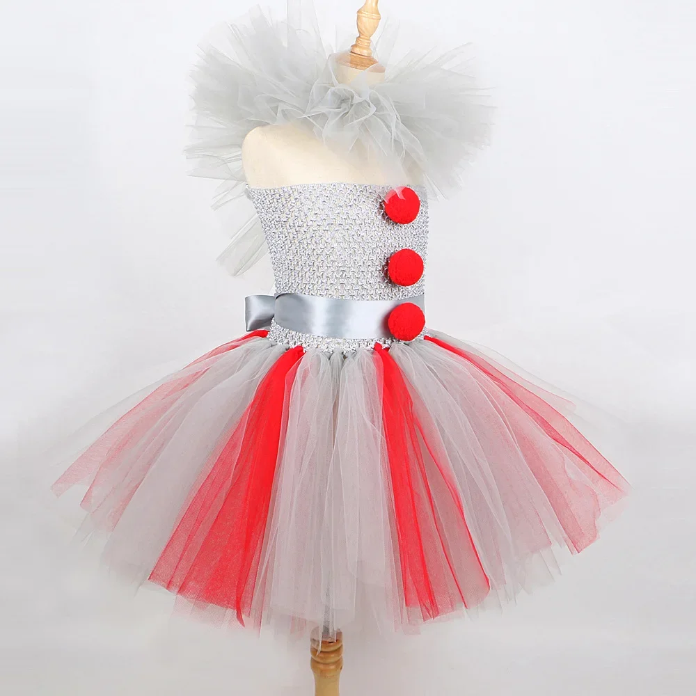 Girls Spooky Clown Tutu Dress Set Silver Mesh Bodice Red Pom‑Pom Decor Tulle Collar Hair Hoops Kids Halloween Cosplay Outfit
