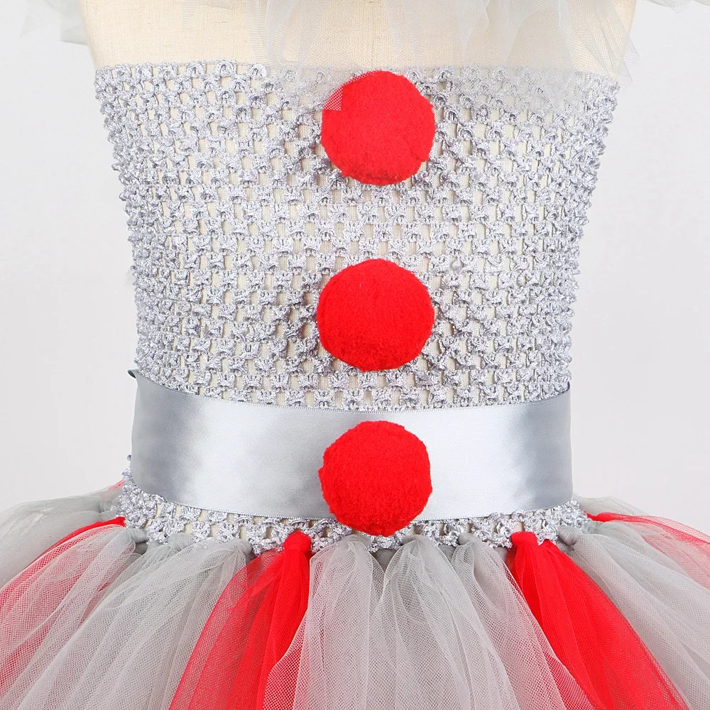 Girls Spooky Clown Tutu Dress Set Silver Mesh Bodice Red Pom‑Pom Decor Tulle Collar Hair Hoops Kids Halloween Cosplay Outfit