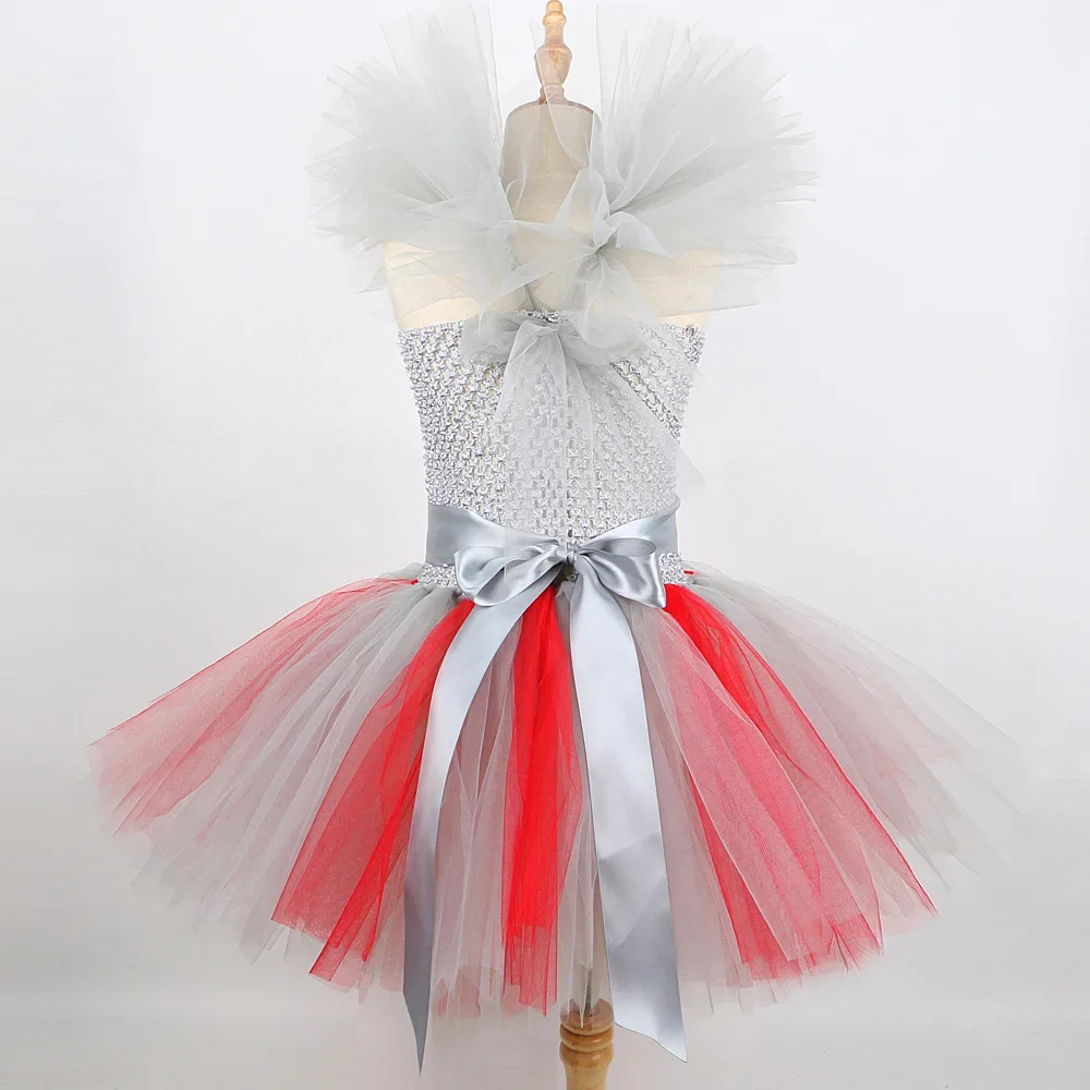 Girls Spooky Clown Tutu Dress Set Silver Mesh Bodice Red Pom‑Pom Decor Tulle Collar Hair Hoops Kids Halloween Cosplay Outfit