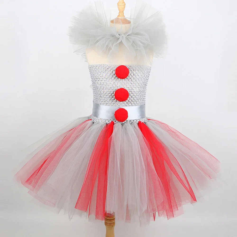 Girls Spooky Clown Tutu Dress Set Silver Mesh Bodice Red Pom‑Pom Decor Tulle Collar Hair Hoops Kids Halloween Cosplay Outfit