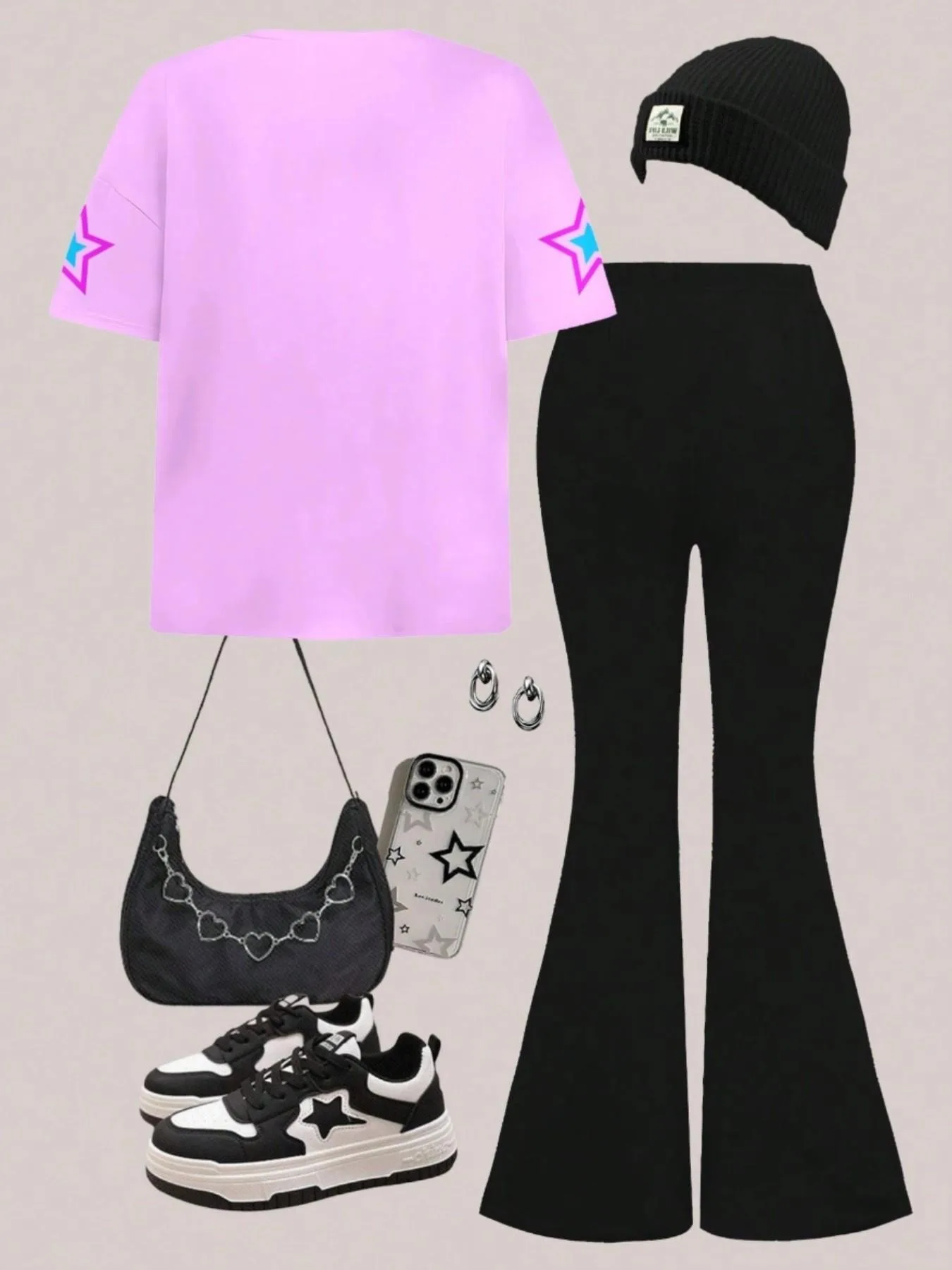 Kids Girls 2 Piece Cartoon Star Print Short Sleeve Tee & Flare Pants Set Cute Casual Summer Outfit