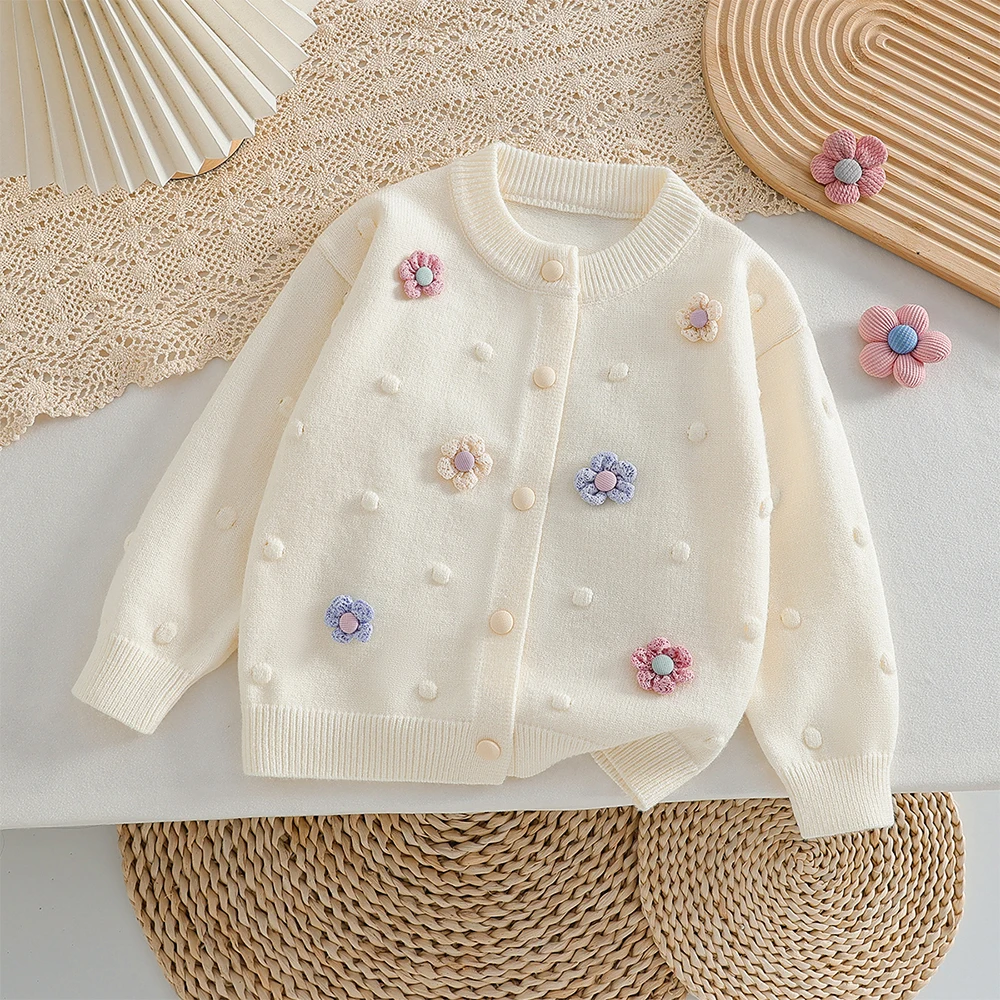 Girls' Knitted Cardigan 2-8 Years Soft Sweater Coat with Colorful Flowers Fashion Toddler Girl Autumn Winter Top