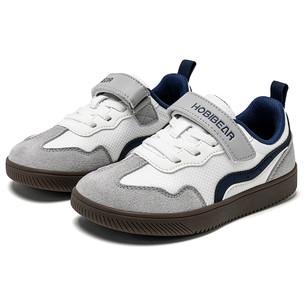 HOBIBEAR Kids Wide Toe Barefoot Shoes Hook Loop Minimalist Sneakers Artificial Leather Mesh Retro Walking Shoes for Big Kid