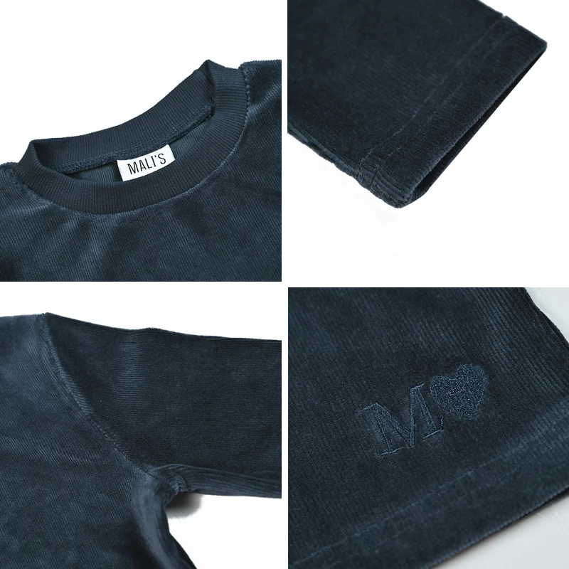 Kids Shirt Dark Navy Blue Boy and Girls Casual School Shirt Long Sleeves Top Round Neck Children Clothes Logo Embroidery