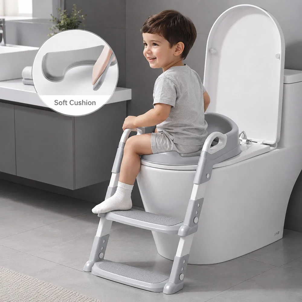 Portable Kids Toilet Potty Training Seat Folding Trainer Height Adjustable Wite Waterproof Cushioned Mat for Boys Girls Children