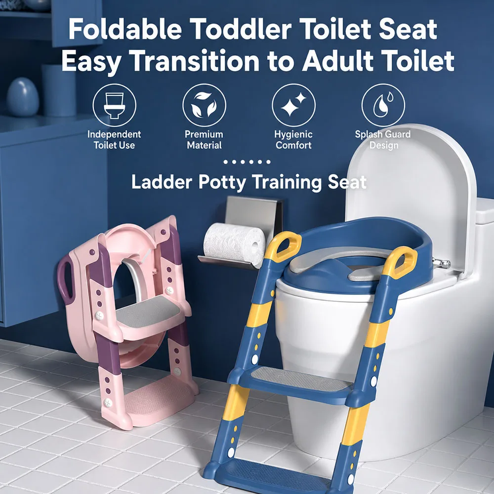 Portable Kids Toilet Potty Training Seat Folding Trainer Height Adjustable Wite Waterproof Cushioned Mat for Boys Girls Children