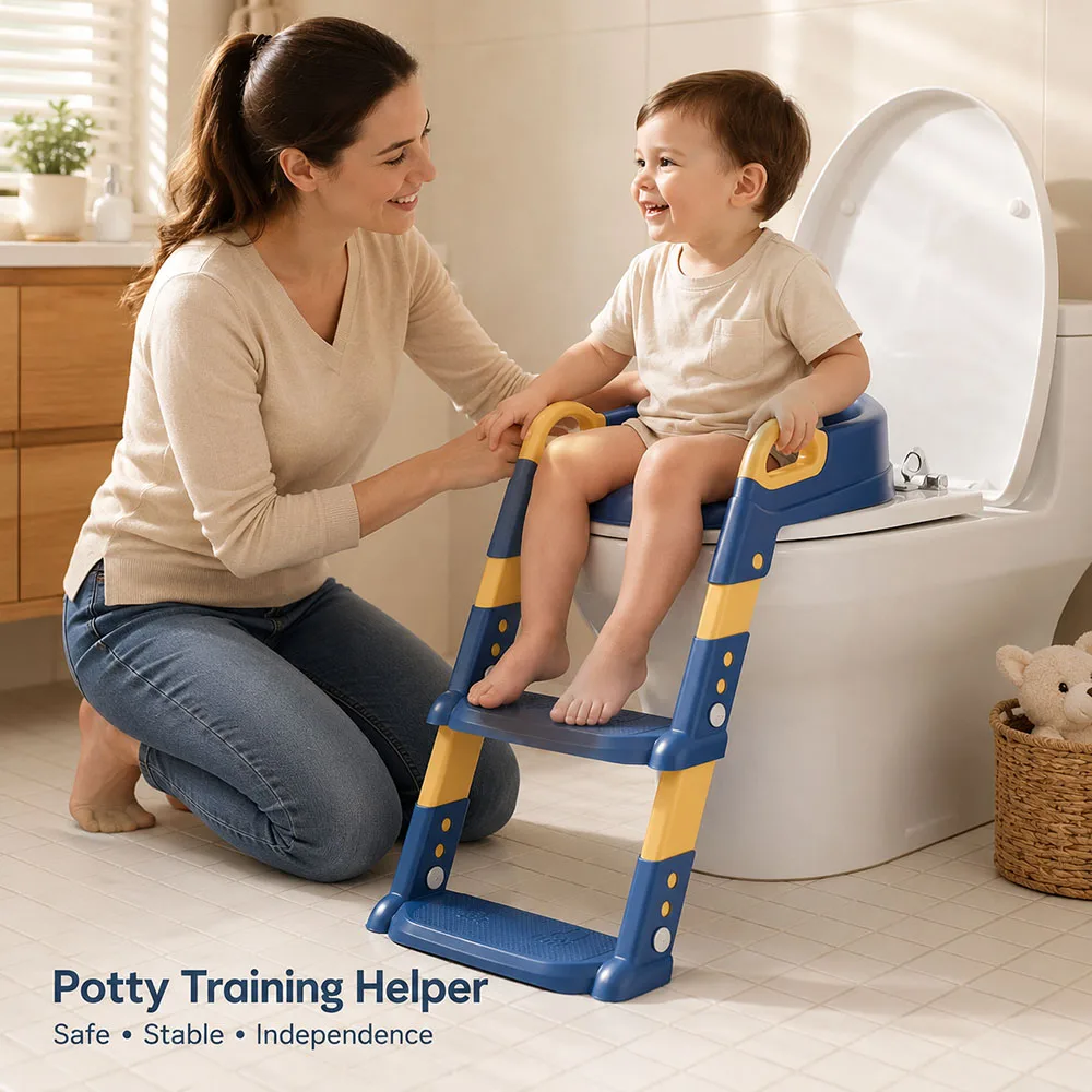 Portable Kids Toilet Potty Training Seat Folding Trainer Height Adjustable Wite Waterproof Cushioned Mat for Boys Girls Children