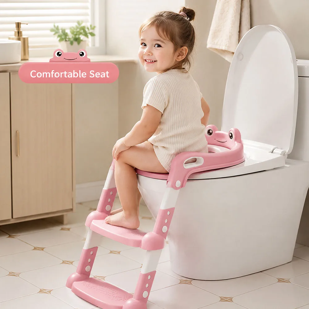 Portable Kids Toilet Potty Training Seat Folding Trainer Height Adjustable Wite Waterproof Cushioned Mat for Boys Girls Children