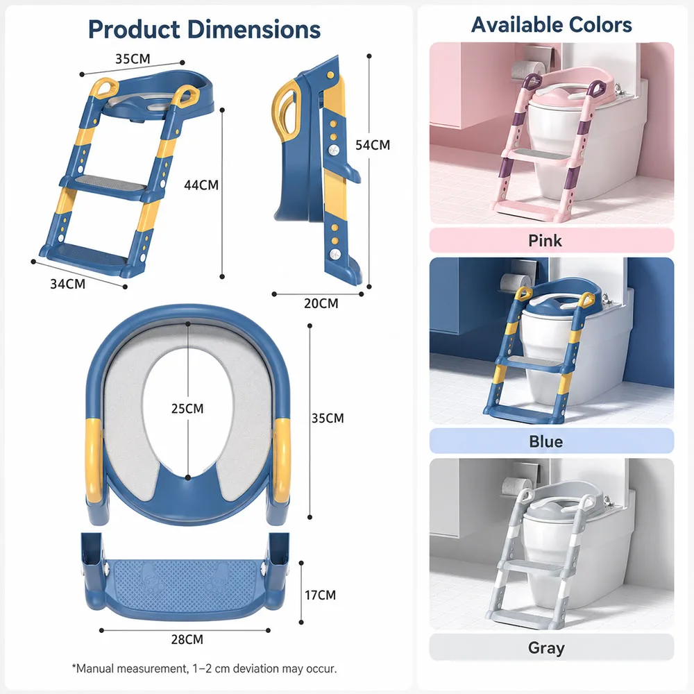 Portable Kids Toilet Potty Training Seat Folding Trainer Height Adjustable Wite Waterproof Cushioned Mat for Boys Girls Children