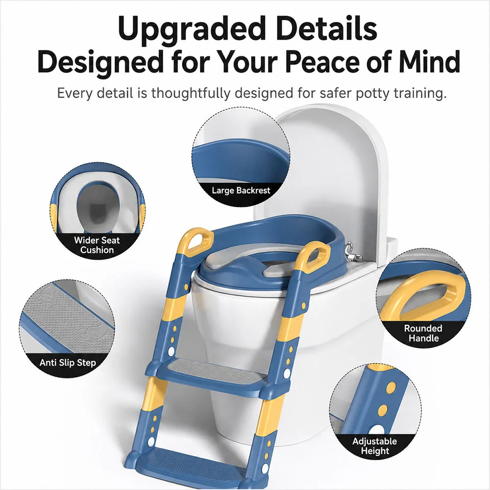 Portable Kids Toilet Potty Training Seat Folding Trainer Height Adjustable Wite Waterproof Cushioned Mat for Boys Girls Children