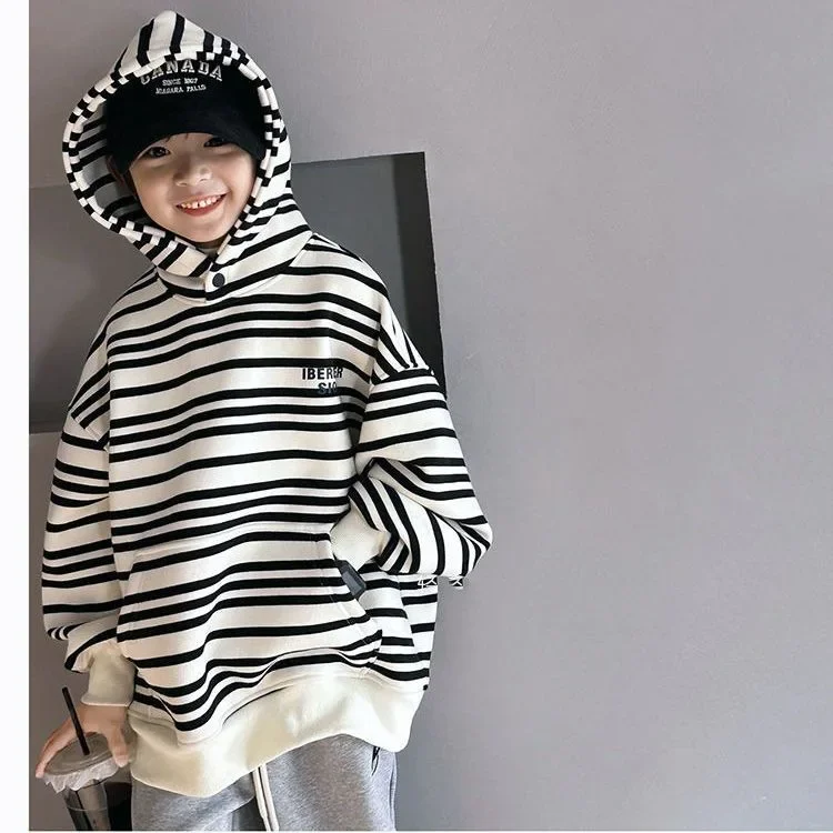 ZOETOPKID Spring Autumn School Kids 2PCS Tracksuit Boys Loose Striped Sweatshirt+Gray Sweatpant Workout Sets Child Jogger Outfit
