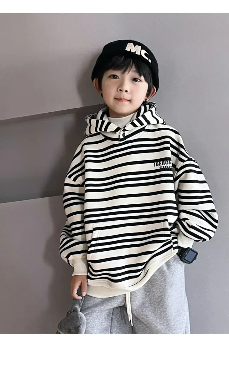 ZOETOPKID Spring Autumn School Kids 2PCS Tracksuit Boys Loose Striped Sweatshirt+Gray Sweatpant Workout Sets Child Jogger Outfit