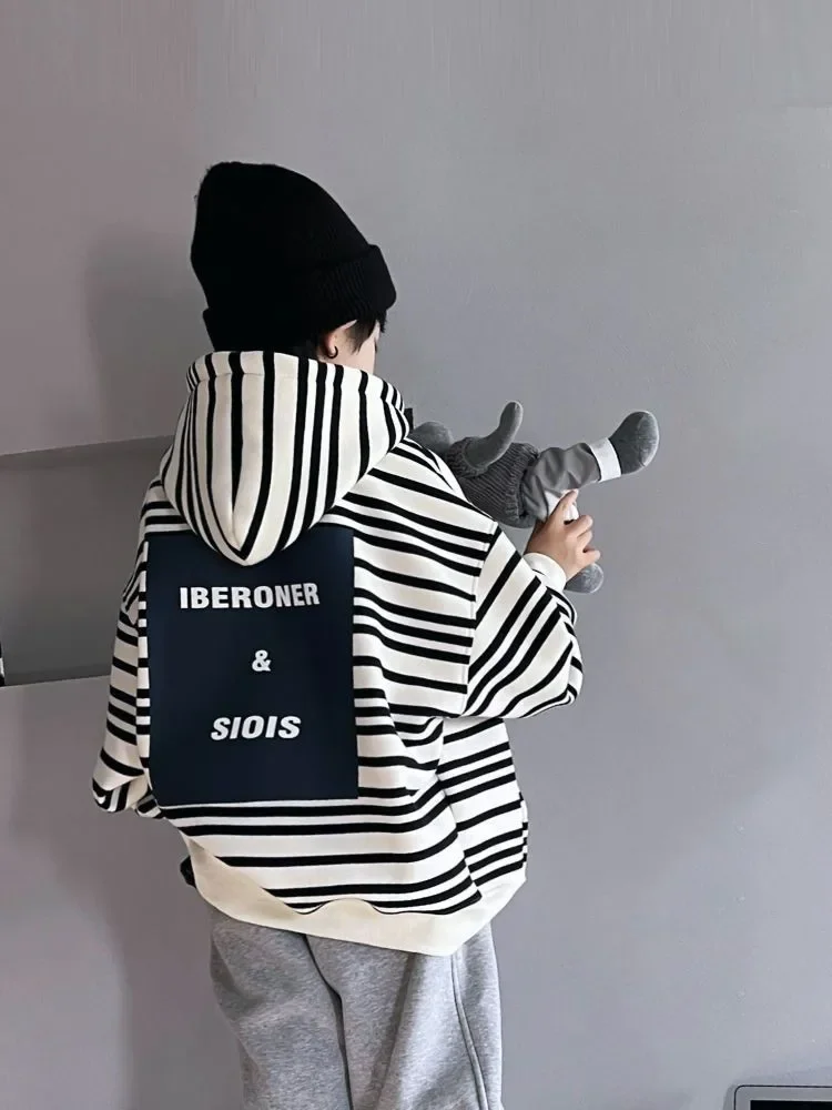 ZOETOPKID Spring Autumn School Kids 2PCS Tracksuit Boys Loose Striped Sweatshirt+Gray Sweatpant Workout Sets Child Jogger Outfit