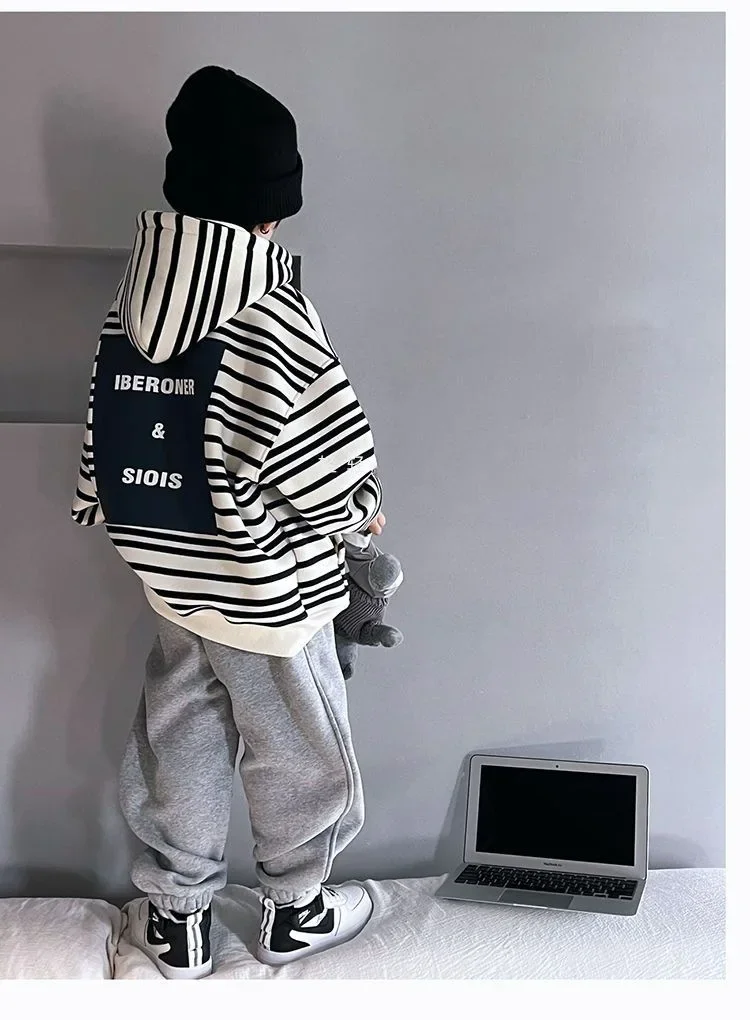ZOETOPKID Spring Autumn School Kids 2PCS Tracksuit Boys Loose Striped Sweatshirt+Gray Sweatpant Workout Sets Child Jogger Outfit