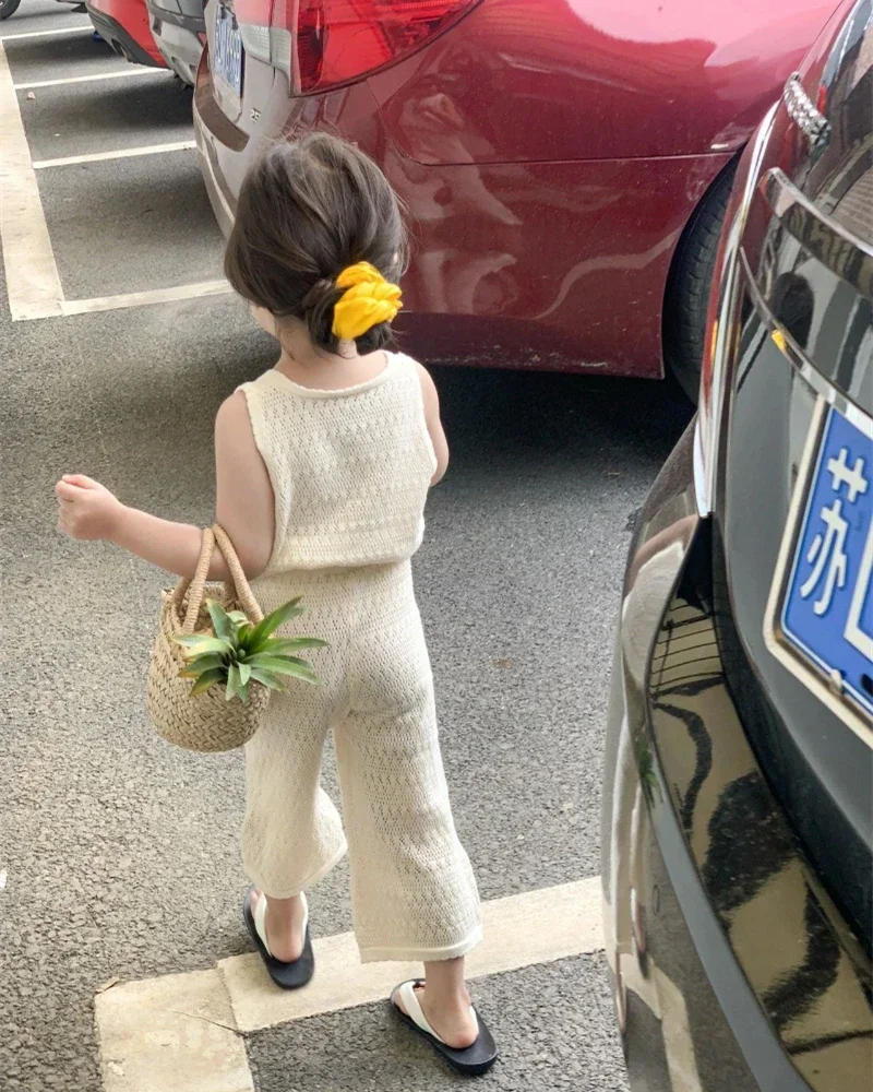 Girl's Clothing Sets 2024 Summer Korean Thin Knitted Girl Set Children Hollow Breathable Vest + Wide Leg Pants Two-piece Suit