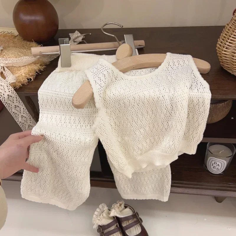 Girl's Clothing Sets 2024 Summer Korean Thin Knitted Girl Set Children Hollow Breathable Vest + Wide Leg Pants Two-piece Suit