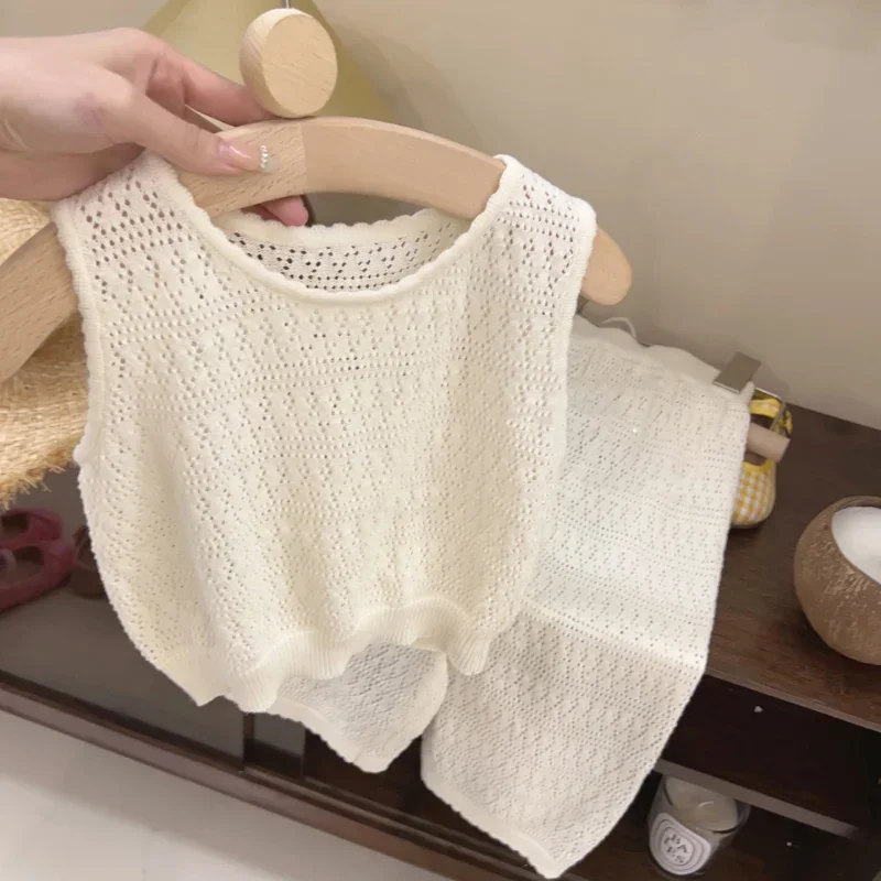 Girl's Clothing Sets 2024 Summer Korean Thin Knitted Girl Set Children Hollow Breathable Vest + Wide Leg Pants Two-piece Suit