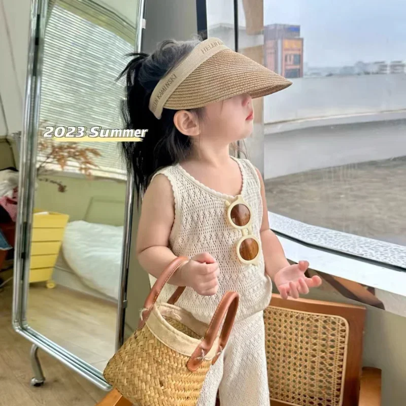 Girl's Clothing Sets 2024 Summer Korean Thin Knitted Girl Set Children Hollow Breathable Vest + Wide Leg Pants Two-piece Suit