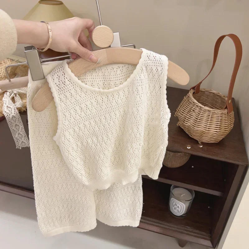 Girl's Clothing Sets 2024 Summer Korean Thin Knitted Girl Set Children Hollow Breathable Vest + Wide Leg Pants Two-piece Suit