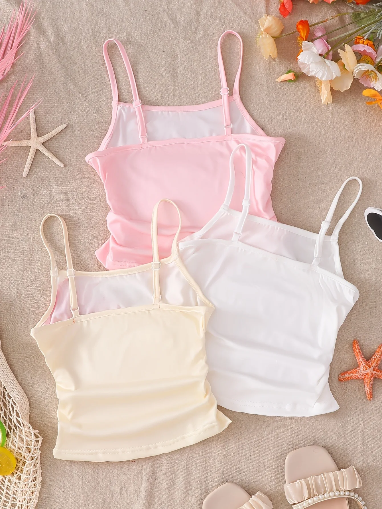 Girls 3 Pack Tropical Floral Starfish Shell Print Camisole Adjustable Spaghetti Strap Ruched Slim Tank Tops Summer Beach Vacatio