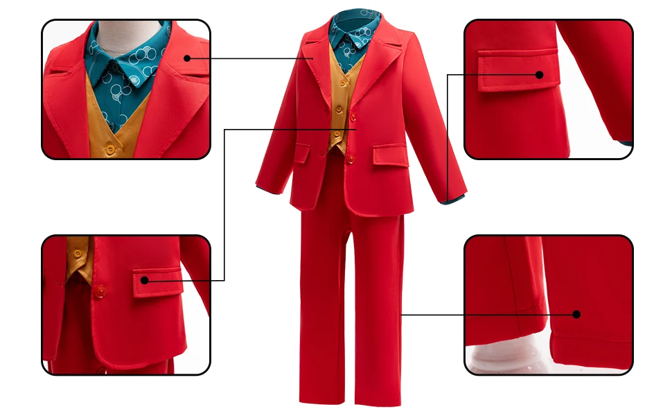 Boys Clown Cosplay Halloween Costume Red Suits Kids Jacket Shirt Vest Pants Suits For Movie Circus Joker Party Carnival Outfit