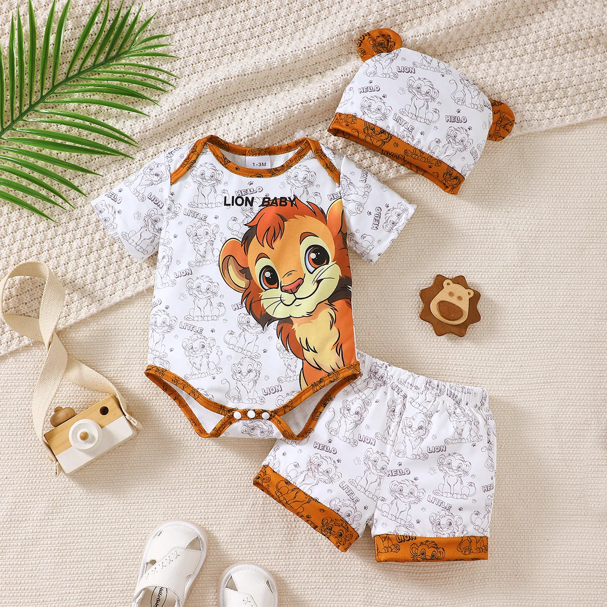 3Pcs Baby Boy Summer Set Cartoon Lion Full Print Top, Pants, Hat Fashion Set 0-18 Months Newborn Baby Boy