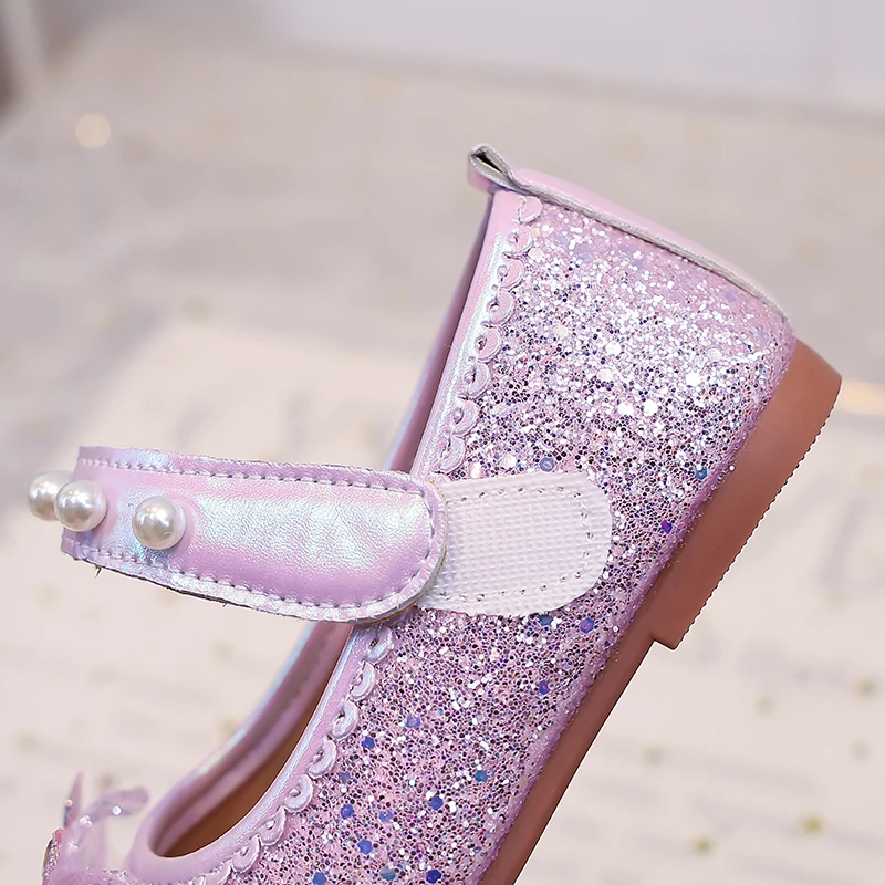 Girls Mary Jane Flat Shoes Glitter Princess Dress Shoes Tulle Rhinestone Snowflake Ornament, Pearl Ballet Wedding Girl Birthday