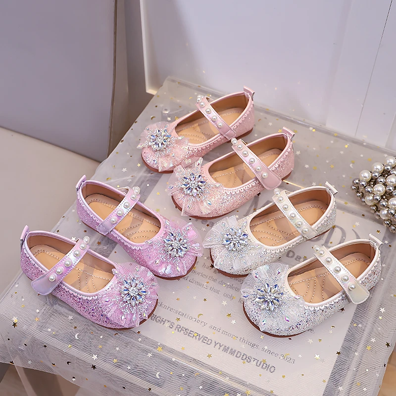 Girls Mary Jane Flat Shoes Glitter Princess Dress Shoes Tulle Rhinestone Snowflake Ornament, Pearl Ballet Wedding Girl Birthday