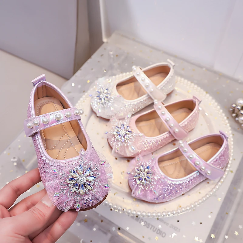 Girls Mary Jane Flat Shoes Glitter Princess Dress Shoes Tulle Rhinestone Snowflake Ornament, Pearl Ballet Wedding Girl Birthday