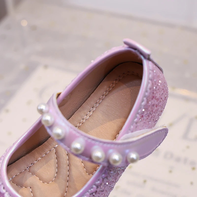 Girls Mary Jane Flat Shoes Glitter Princess Dress Shoes Tulle Rhinestone Snowflake Ornament, Pearl Ballet Wedding Girl Birthday