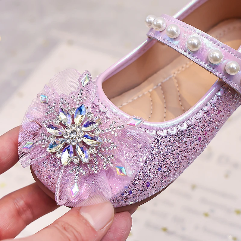 Girls Mary Jane Flat Shoes Glitter Princess Dress Shoes Tulle Rhinestone Snowflake Ornament, Pearl Ballet Wedding Girl Birthday
