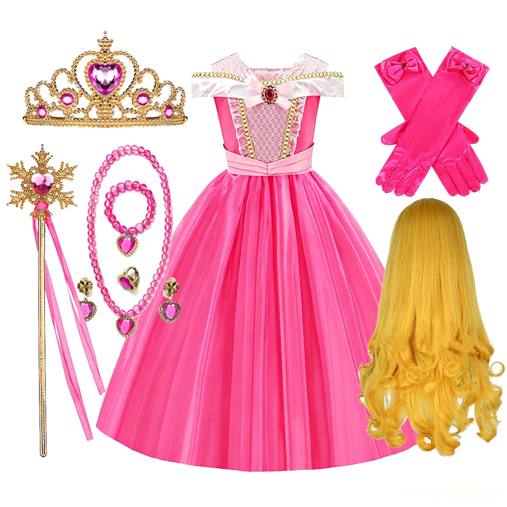 Kids Pink Fairy Princess Fancy Dress Girls Birthday Off Shoulder Ball Gown with Crown Wand Gloves Set Child Halloween Costumes