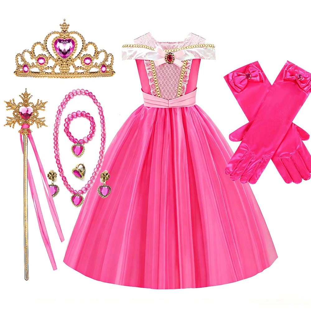 Kids Pink Fairy Princess Fancy Dress Girls Birthday Off Shoulder Ball Gown with Crown Wand Gloves Set Child Halloween Costumes