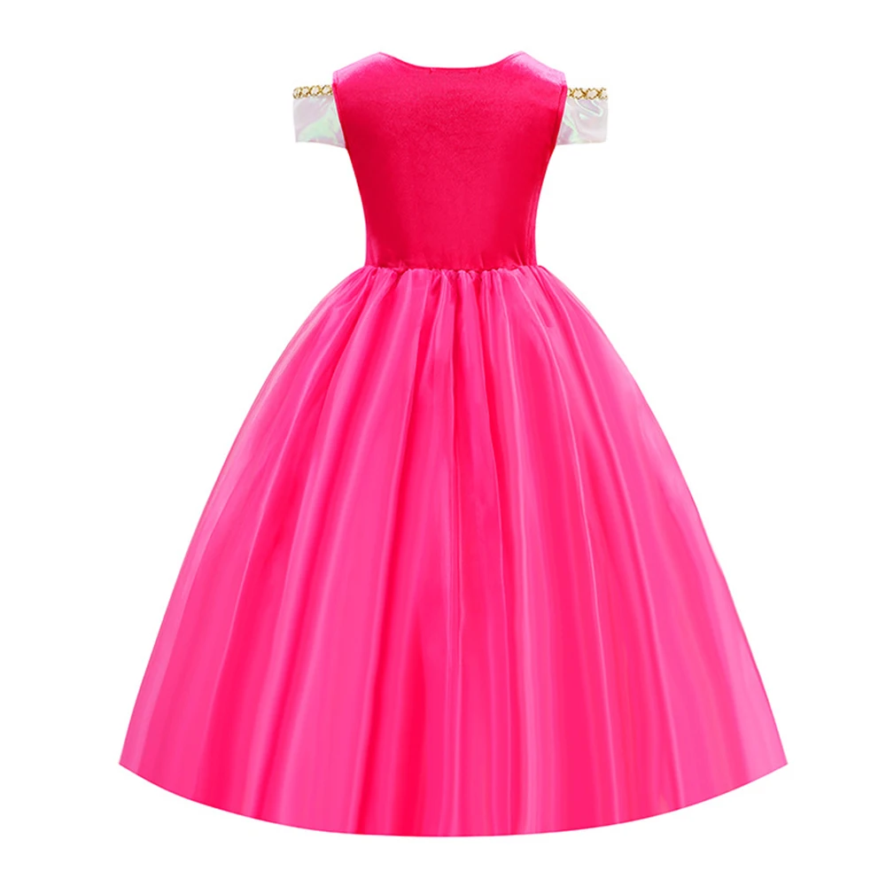 Kids Pink Fairy Princess Fancy Dress Girls Birthday Off Shoulder Ball Gown with Crown Wand Gloves Set Child Halloween Costumes