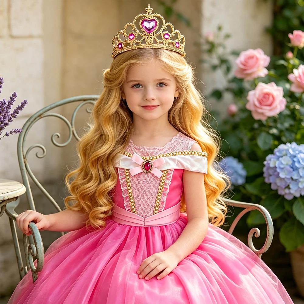 Kids Pink Fairy Princess Fancy Dress Girls Birthday Off Shoulder Ball Gown with Crown Wand Gloves Set Child Halloween Costumes
