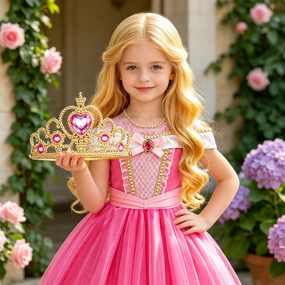 Kids Pink Fairy Princess Fancy Dress Girls Birthday Off Shoulder Ball Gown with Crown Wand Gloves Set Child Halloween Costumes
