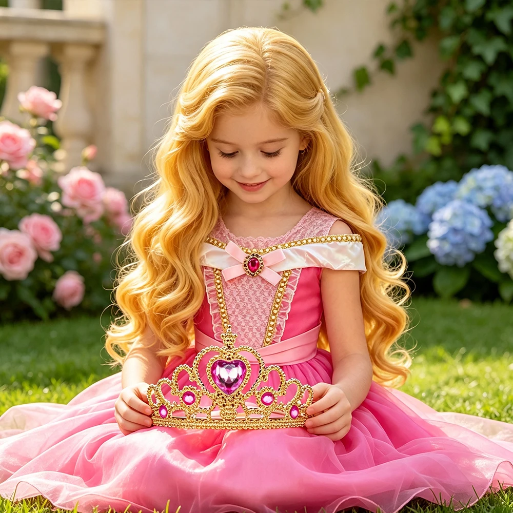 Kids Pink Fairy Princess Fancy Dress Girls Birthday Off Shoulder Ball Gown with Crown Wand Gloves Set Child Halloween Costumes