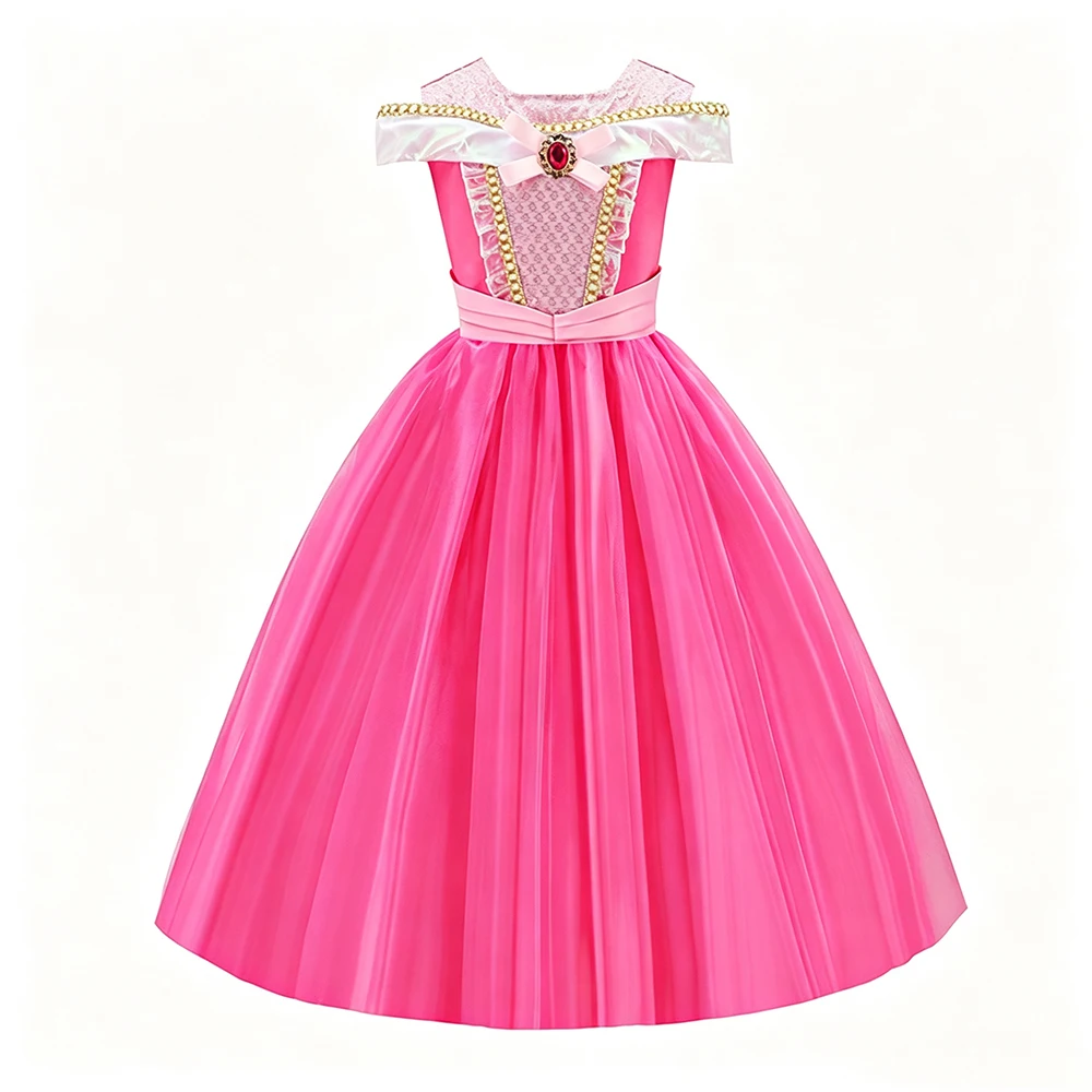 Kids Pink Fairy Princess Fancy Dress Girls Birthday Off Shoulder Ball Gown with Crown Wand Gloves Set Child Halloween Costumes