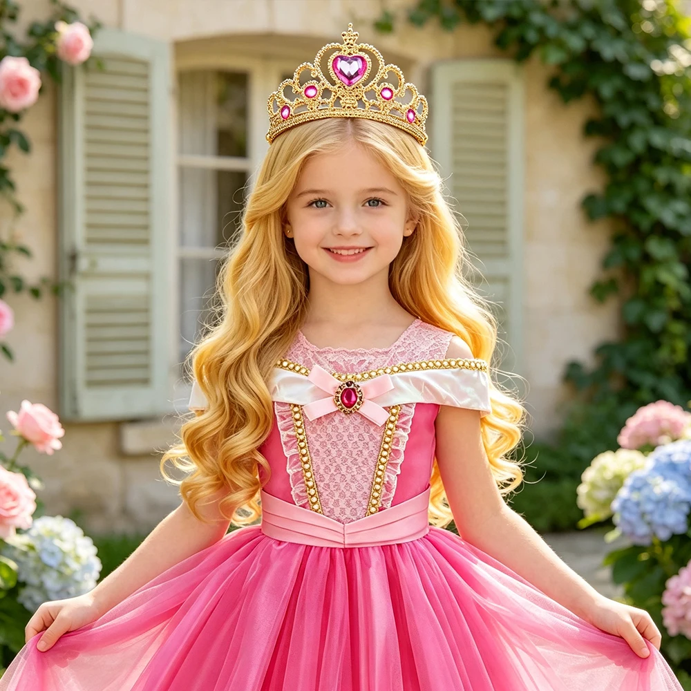 Kids Pink Fairy Princess Fancy Dress Girls Birthday Off Shoulder Ball Gown with Crown Wand Gloves Set Child Halloween Costumes