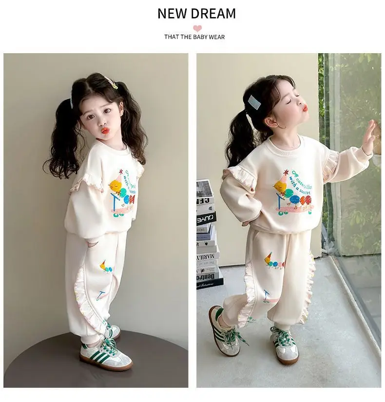 1-8Y Kids Girls Beige Pants Sets Cartoon Pattern Long Sleeve Loose Ruched Pullover Hoodies+Elastic Waist Baggy Pants 2pcs Sets